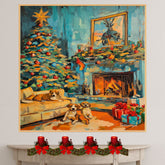 A Vintage Christmas Scene of a Living Room With Christmas Tree, Puppies & Gifts on Ready to Hang 1.5" Thick Canvas Wrap, Floating Framed Canvas, Flat Rolled Canvas